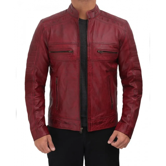 Austin Maroon Distressed Café Racer Leather Jacket Men's