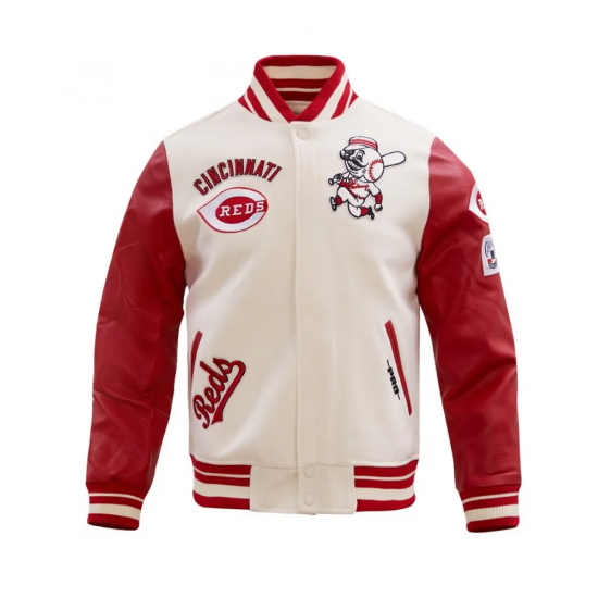 Wool Leather Cincinnati Reds Beige & Red Varsity Jacket