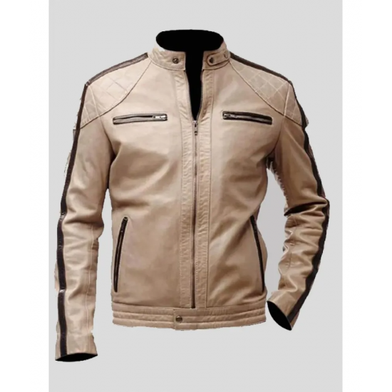 Beige Leather Moto Jacket