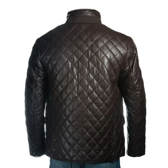 Mens Brown Quilted Leather Coat with Diamond Stitch