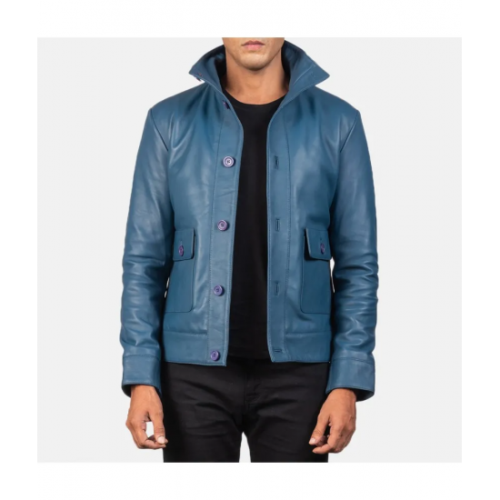 Columbus Blue Leather Bomber Jacket