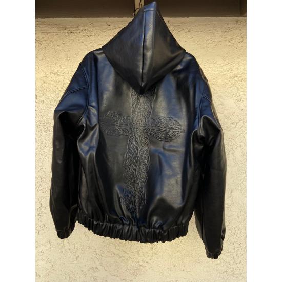 Curse Black Leather Hooded Bomber Jacket