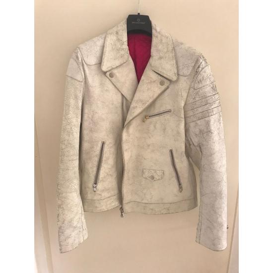 DONDUP First Line Destroyed White Leather Biker Jacket