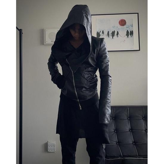 Ekam Lambskin Black Leather Asymmetrical Hooded Jacket