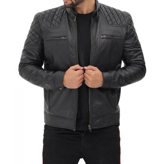 Massa Black Padded Shoulder Leather Jacket Mens