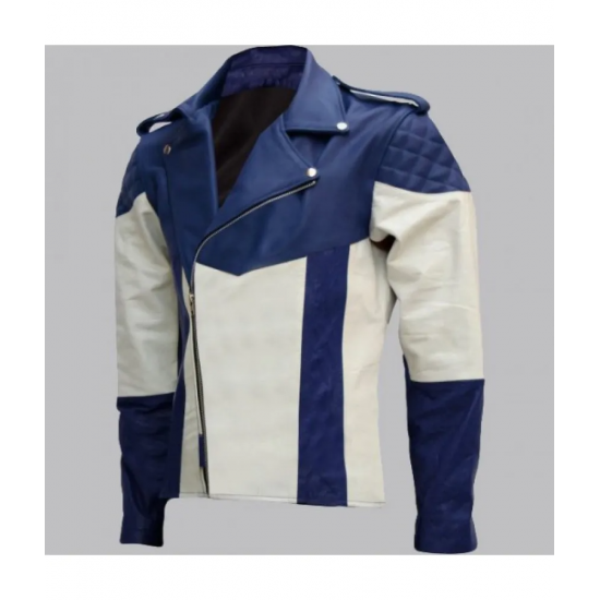 Men Blue and White Biker Leather Jacket