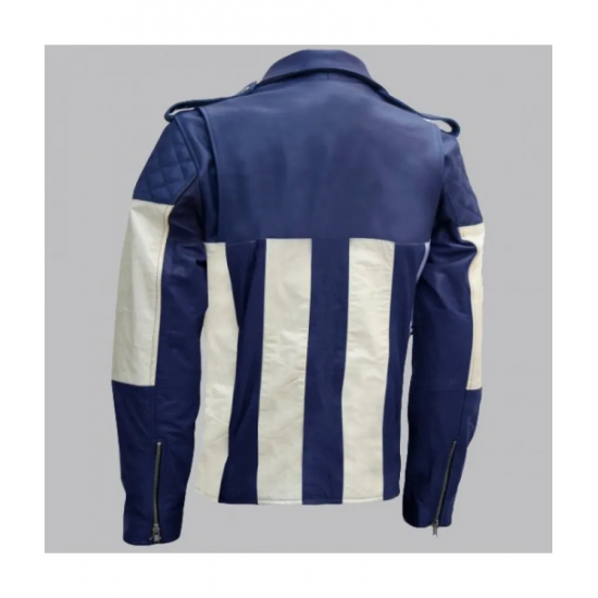 Men Blue and White Biker Leather Jacket