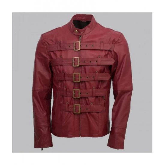 Men Maroon Belted Fashion Leather Jacket