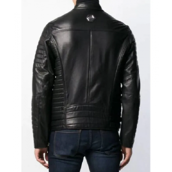 Men Padded Sleeves Black Biker Leather Jacket