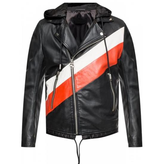 Men Striped Leather Jacket Biker Style