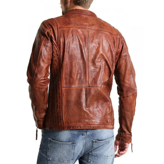 Men Vintage Style Biker Distressed Brown Jacket