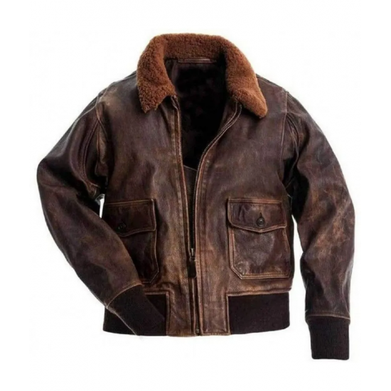 Men's Air Force G2 USAF Brown Pilot Aviator Fur Collar Flight Bomber Jacket