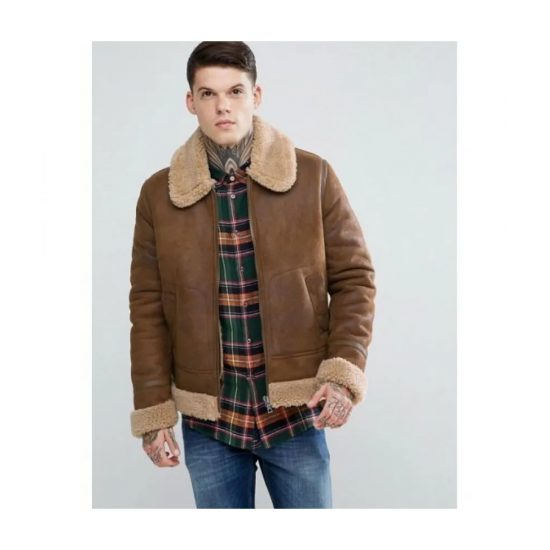 Mens Aviator Brown Leather Jacket With Faux Shearling