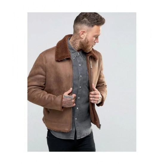 Mens B3 Faux Shearling Brown Leather Jacket