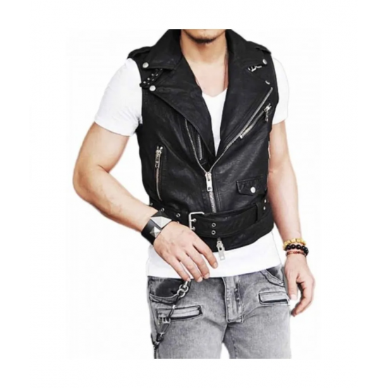 Mens Belted Asymmetrical Zipper Leather Vest