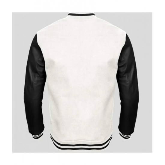 Men's Black Leather and White Wool Varsity Jacket