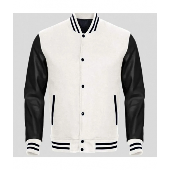 Men's Black Leather and White Wool Varsity Jacket