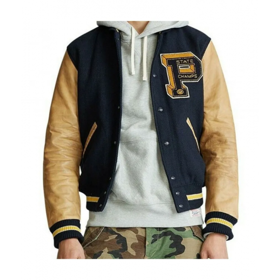 Mens State Champs Blue and Brown Varsity Jacket