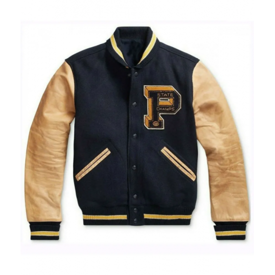 Mens State Champs Blue and Brown Varsity Jacket