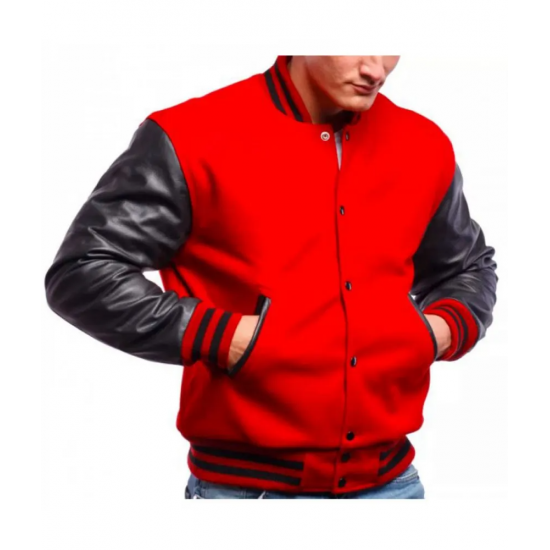 Mens Varsity Bomber Red Wool and Leather Jacket