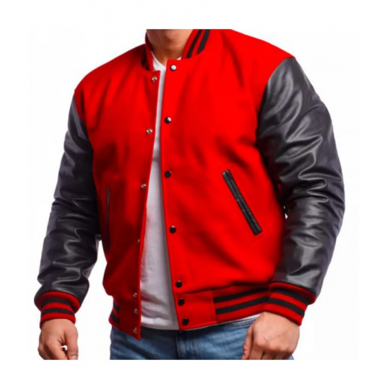 Mens Varsity Bomber Red Wool and Leather Jacket