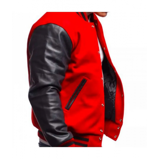 Mens Varsity Bomber Red Wool and Leather Jacket