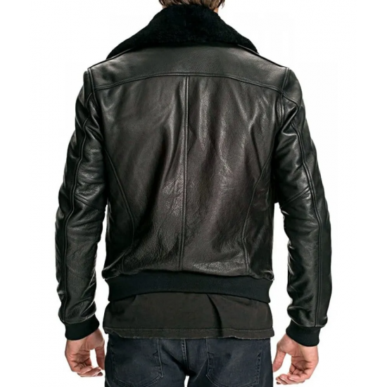 Mens Air Force Leather Bomber Jacket Fur Collar Black