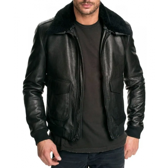 Mens Air Force Leather Bomber Jacket Fur Collar Black