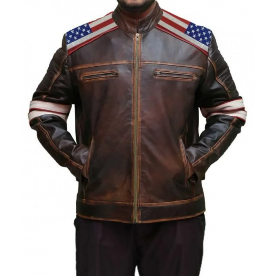 Mens American Flag Brown Leather Jacket