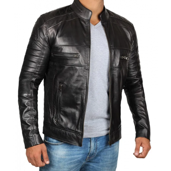 Mens Black Cafe Racer Biker Leather Jacket