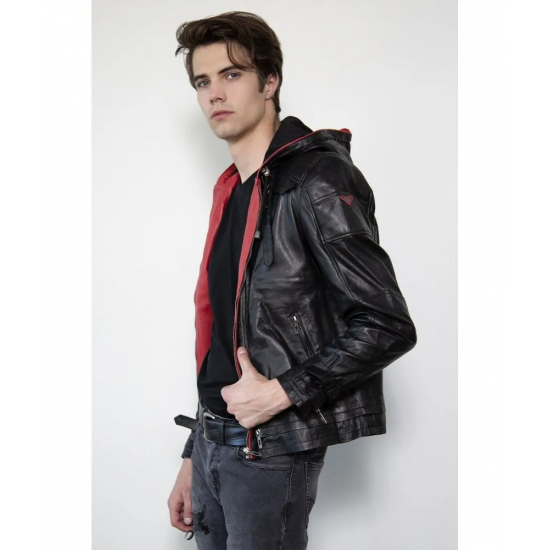 Mens Black Red Hood Black Leather Jacket