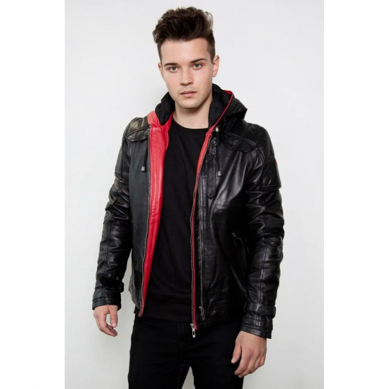 Mens Black Red Hood Black Leather Jacket