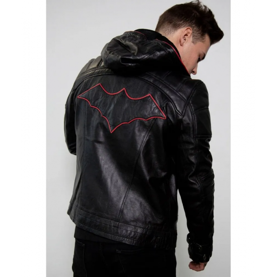 Mens Black Red Hood Black Leather Jacket