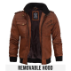 Mens Brown Bomber Leather Jacket With Removable Hood