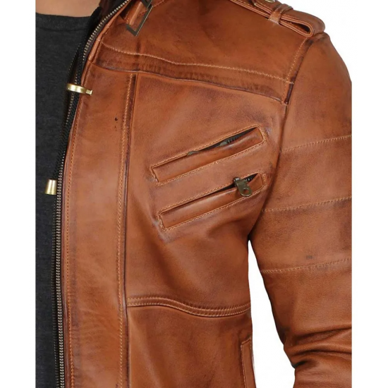 Mens Brown Leather Bomber Jacket Removable Hood