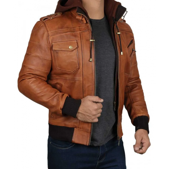 Mens Brown Leather Bomber Jacket Removable Hood