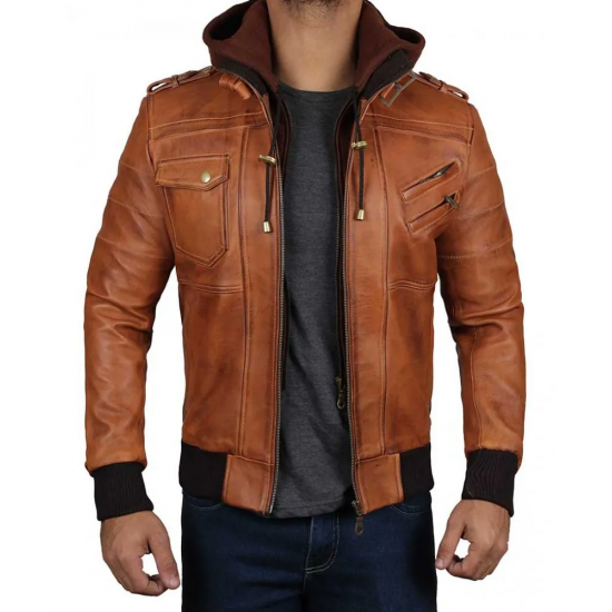 Mens Brown Leather Bomber Jacket Removable Hood