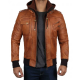 Mens Brown Leather Bomber Jacket Removable Hood