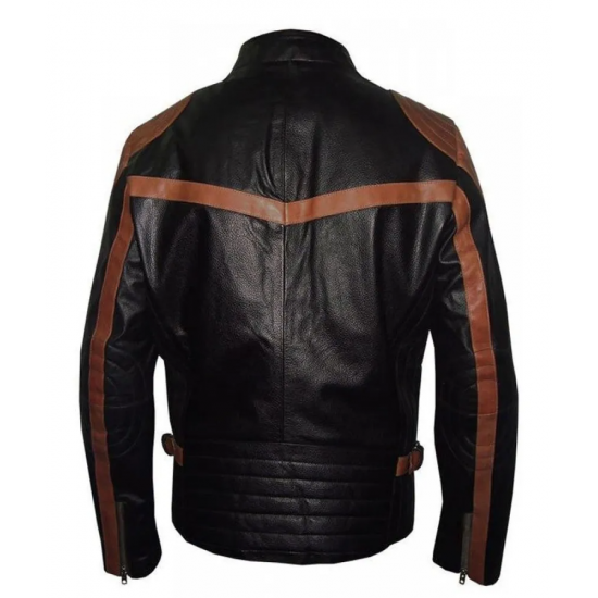 Mens Brown Strips Motorbike Leather Jacket