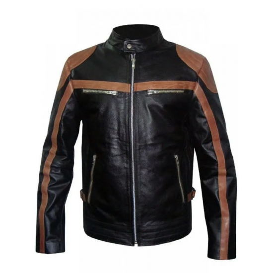 Mens Brown Strips Motorbike Leather Jacket