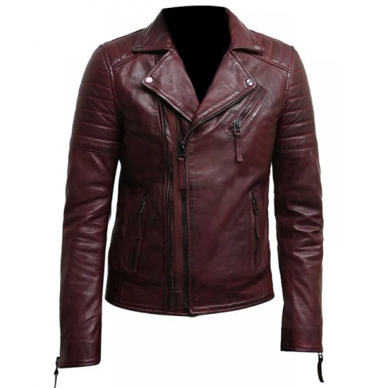 Mens Burgundy Color Biker Style Leather Jacket