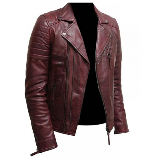 Mens Burgundy Color Biker Style Leather Jacket