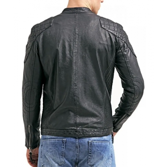 Mens Cafe Racer Motorcycle Leather Jacket Black with White Stripes