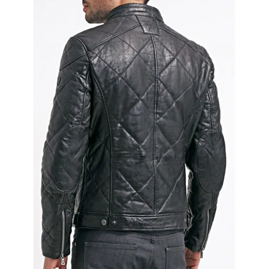 Mens Diamond Quilted Real Leather Jacket Black