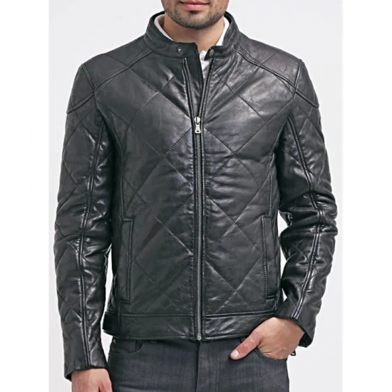 Mens Diamond Quilted Real Leather Jacket Black