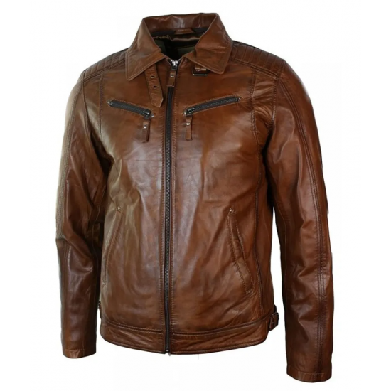 Mens Distressed Leather Biker Jacket Belted Brown Fur Collar