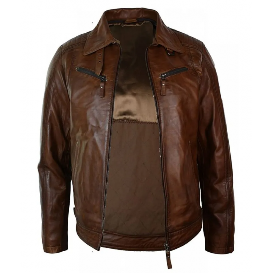 Mens Distressed Leather Biker Jacket Belted Brown Fur Collar