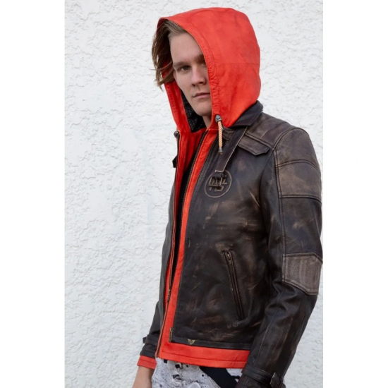 Mens Goku Orange Hood Brown Leather Jacket