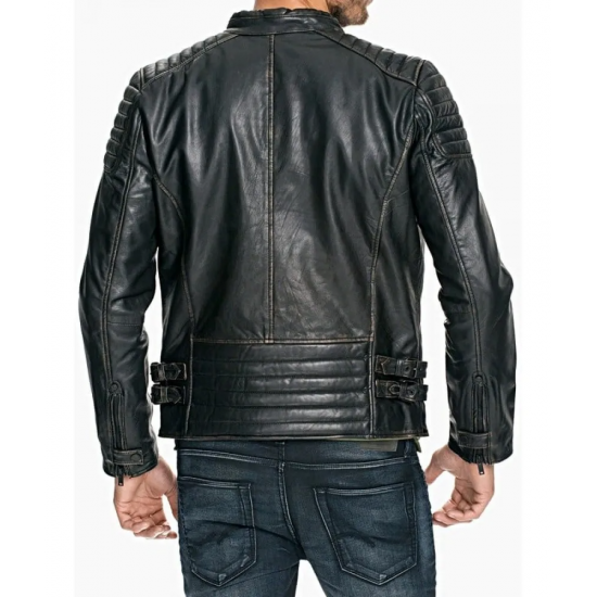 Mens Quilted Rub Off Leather Jacket Distressed Black