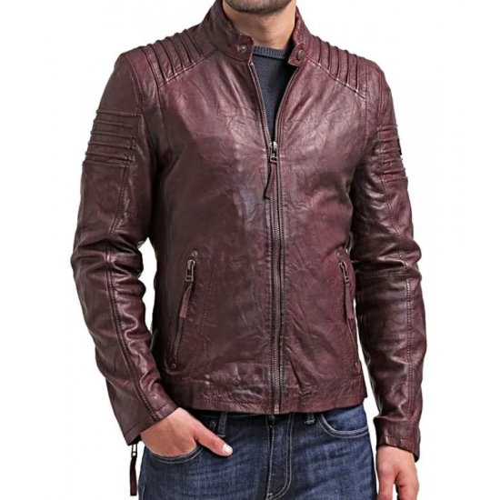 Mens Waxed Leather Cafe Racer Biker Jacket Copper Burgundy